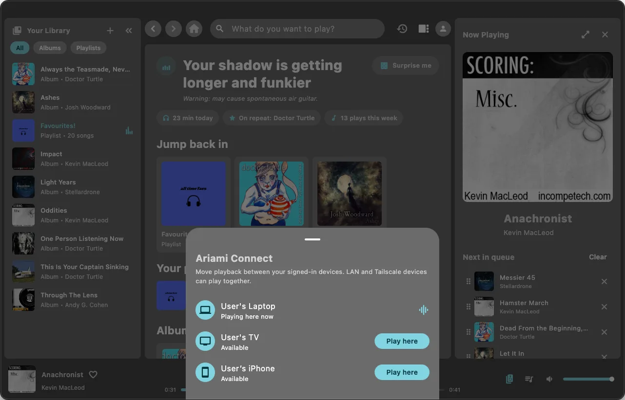 The Ariami Connect device picker in the desktop app