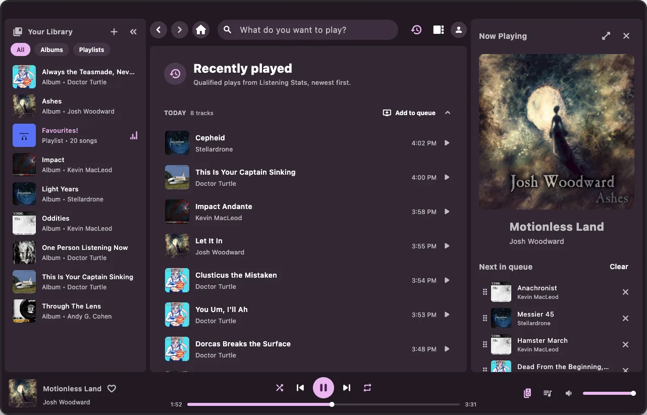 The recently played history in the Ariami desktop app