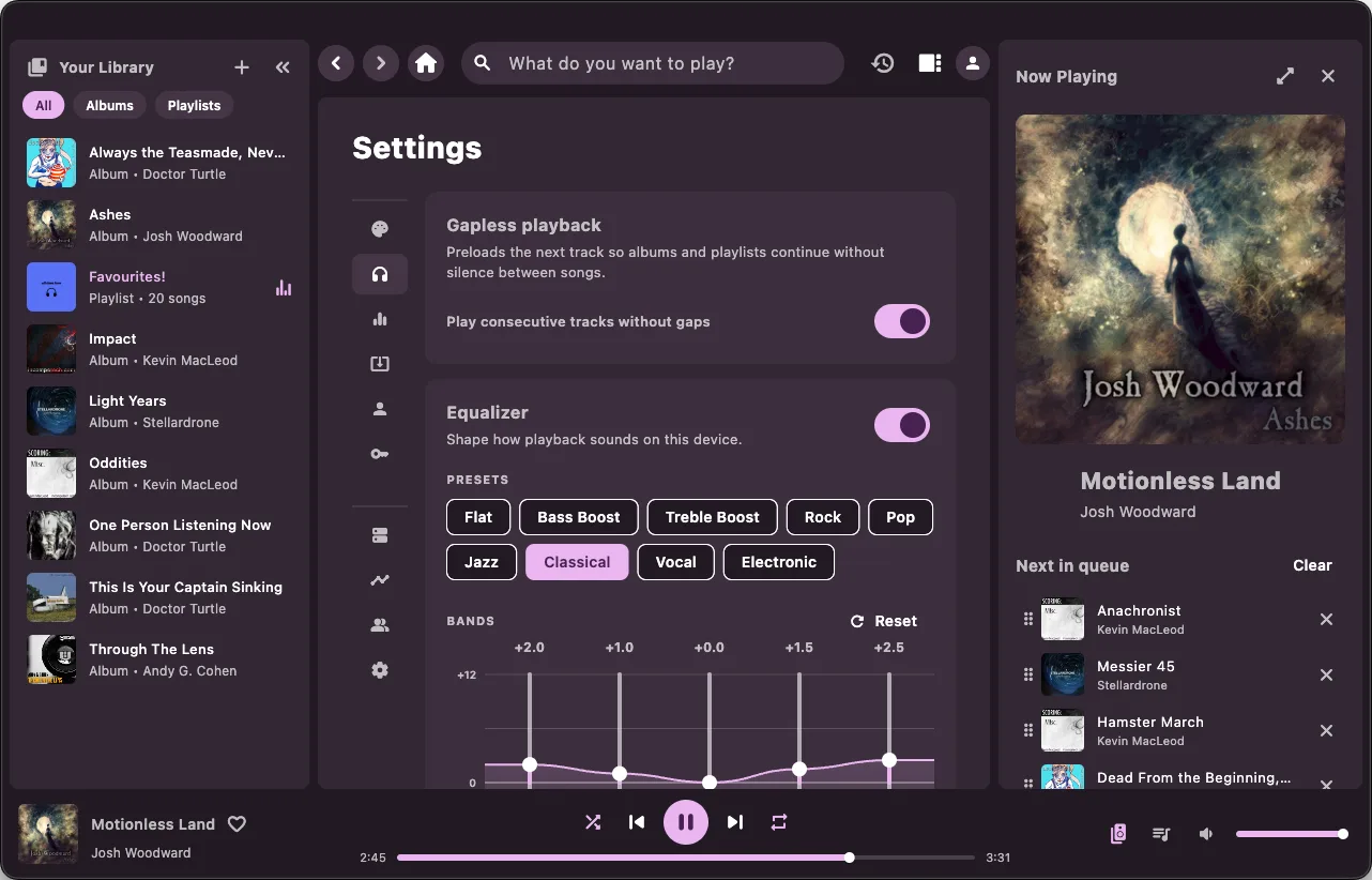 Gapless playback and equalizer settings in the Ariami desktop app