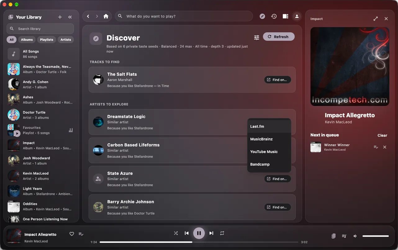 Discover in the Ariami desktop app, suggesting artists and tracks based on your listening