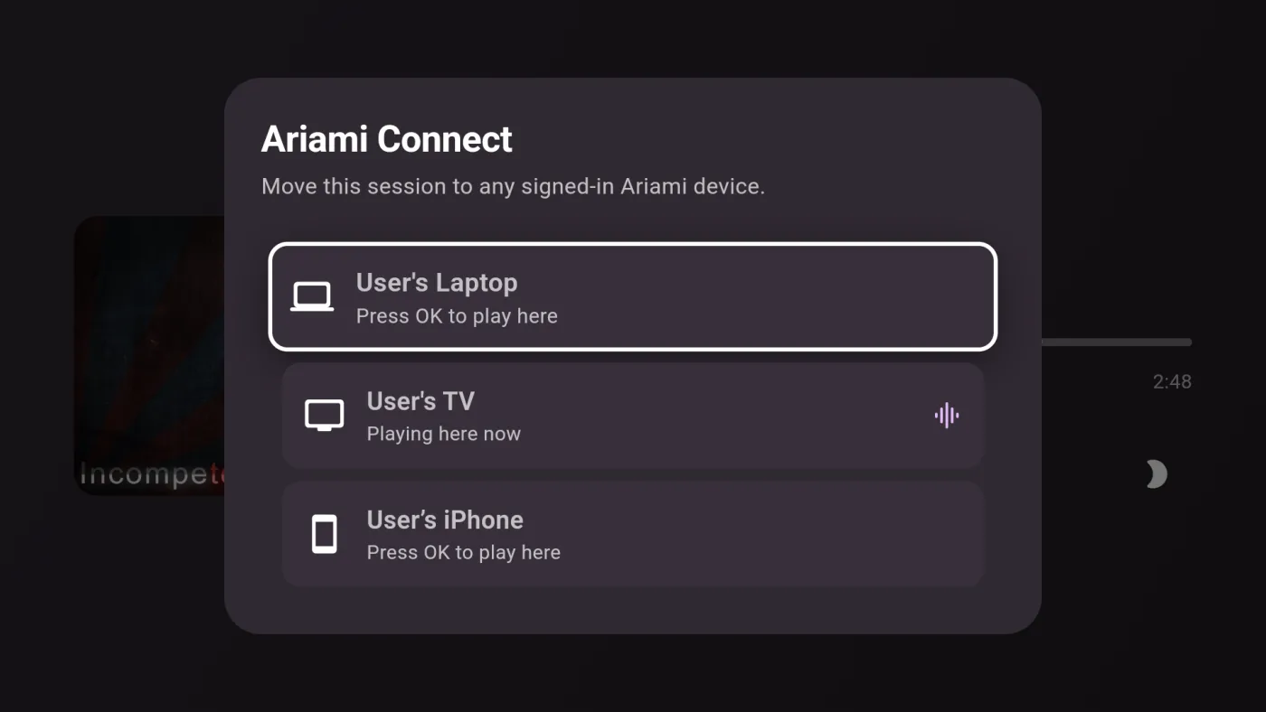 The Ariami Connect device picker on the Android TV app