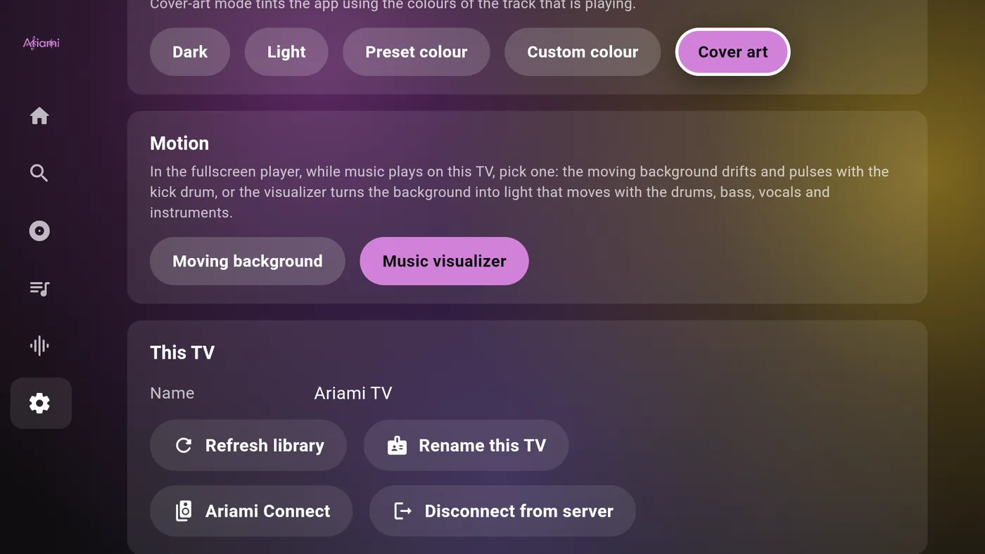Appearance and motion settings on the Ariami Android TV app